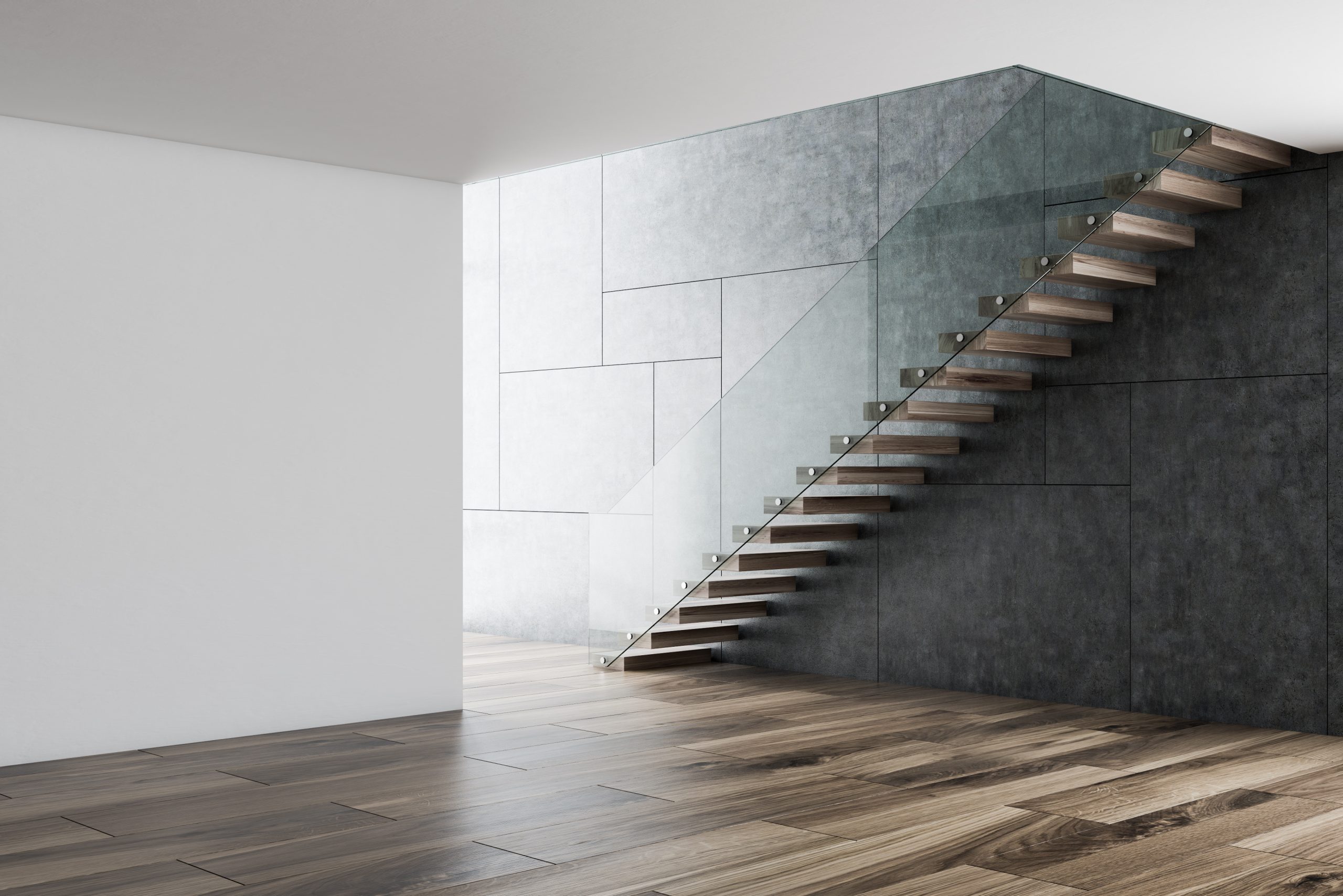 Empty white and gray room interior, stairs